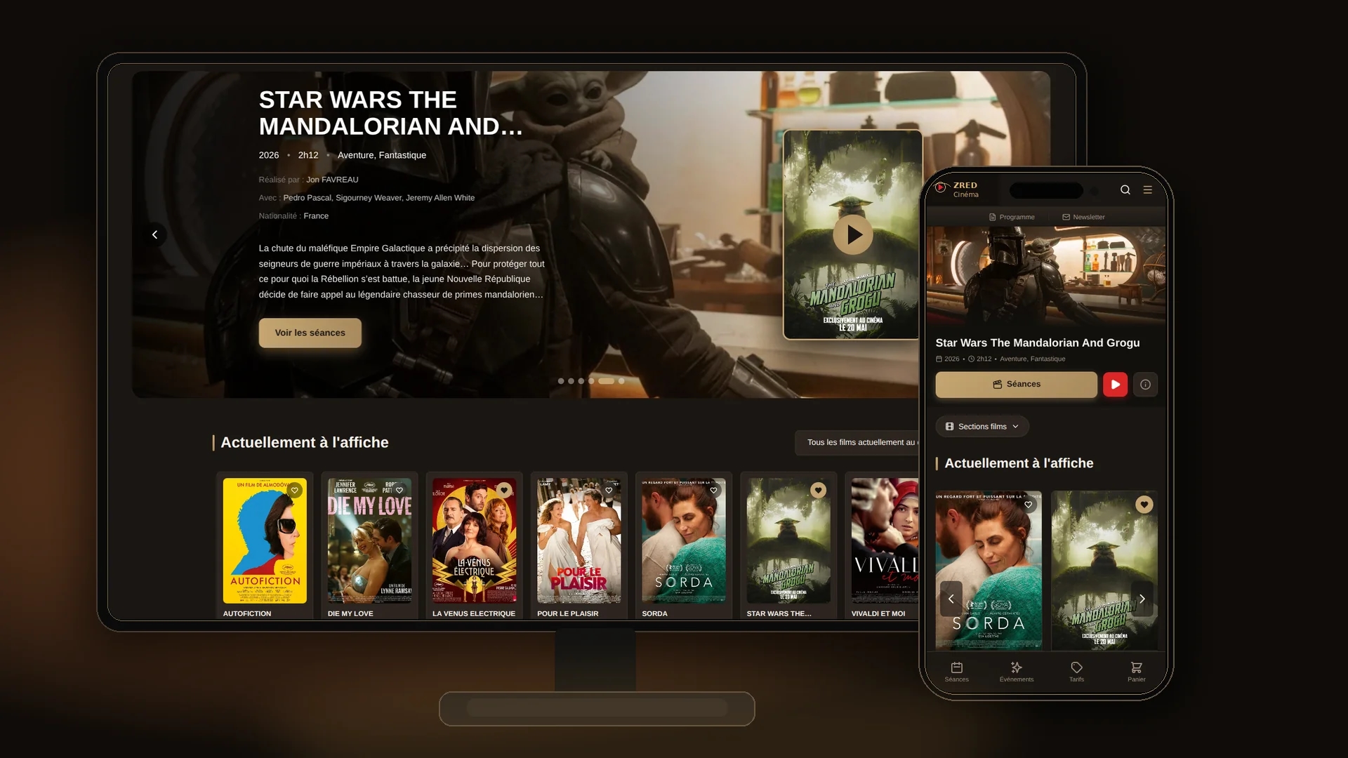 Aperçu responsive Zerd Cinéma — mockups desktop et mobile