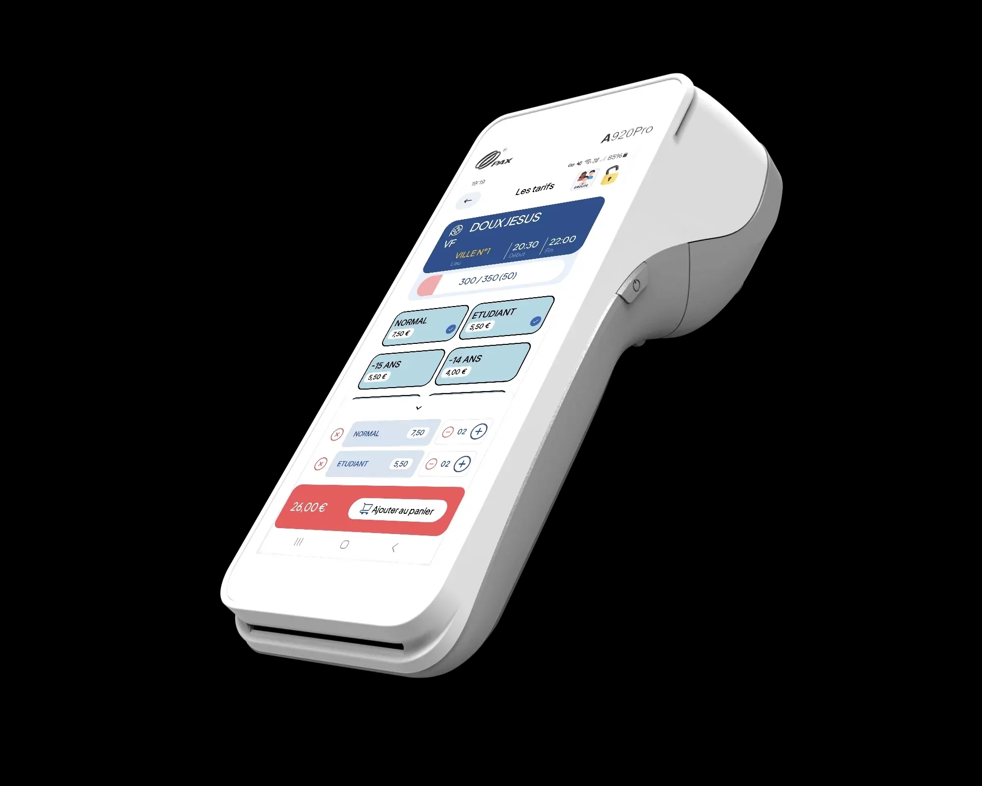 Terminal PAX A920 Pro avec logiciel Zerd Mobile pour cinéma itinérant