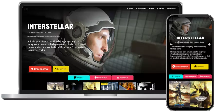 image montre un site web adaptatif pour les cinémas